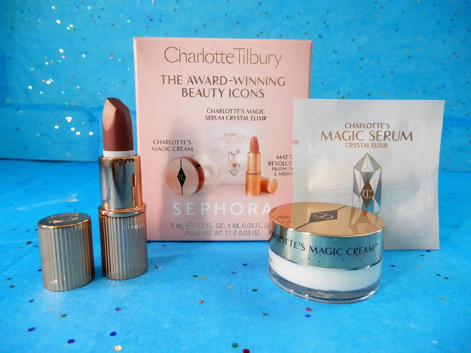 Charlotte Tilbury Pillow Talk (2-medium)Lipstick, Magic Cream 7ml trial size  Magic Serum sample