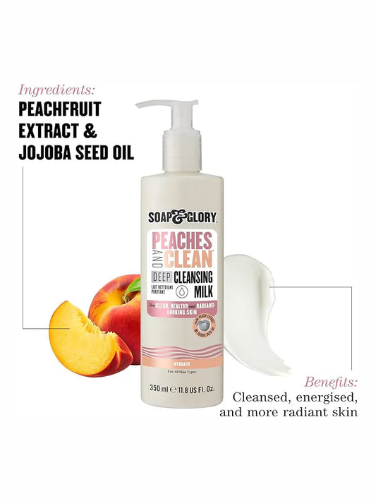 Soap and Glory Peaches & Clean Deep Cleansing Milk - 4 in1 Milk Cleanser & Makeup Remover with Peach Extract, Ginseng & Jojoba Oil - Hydrating Facial Cleanser for Clarified & Energized Skin (350ml)