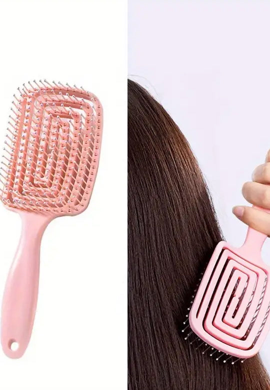 Casual-Style Plastic Detangling Hair Brush - Freestanding, No Electricity Needed - Wet or Dry Use for All Hair Types - 1pc Hollow Out Hairdressing Brush-Color Pink